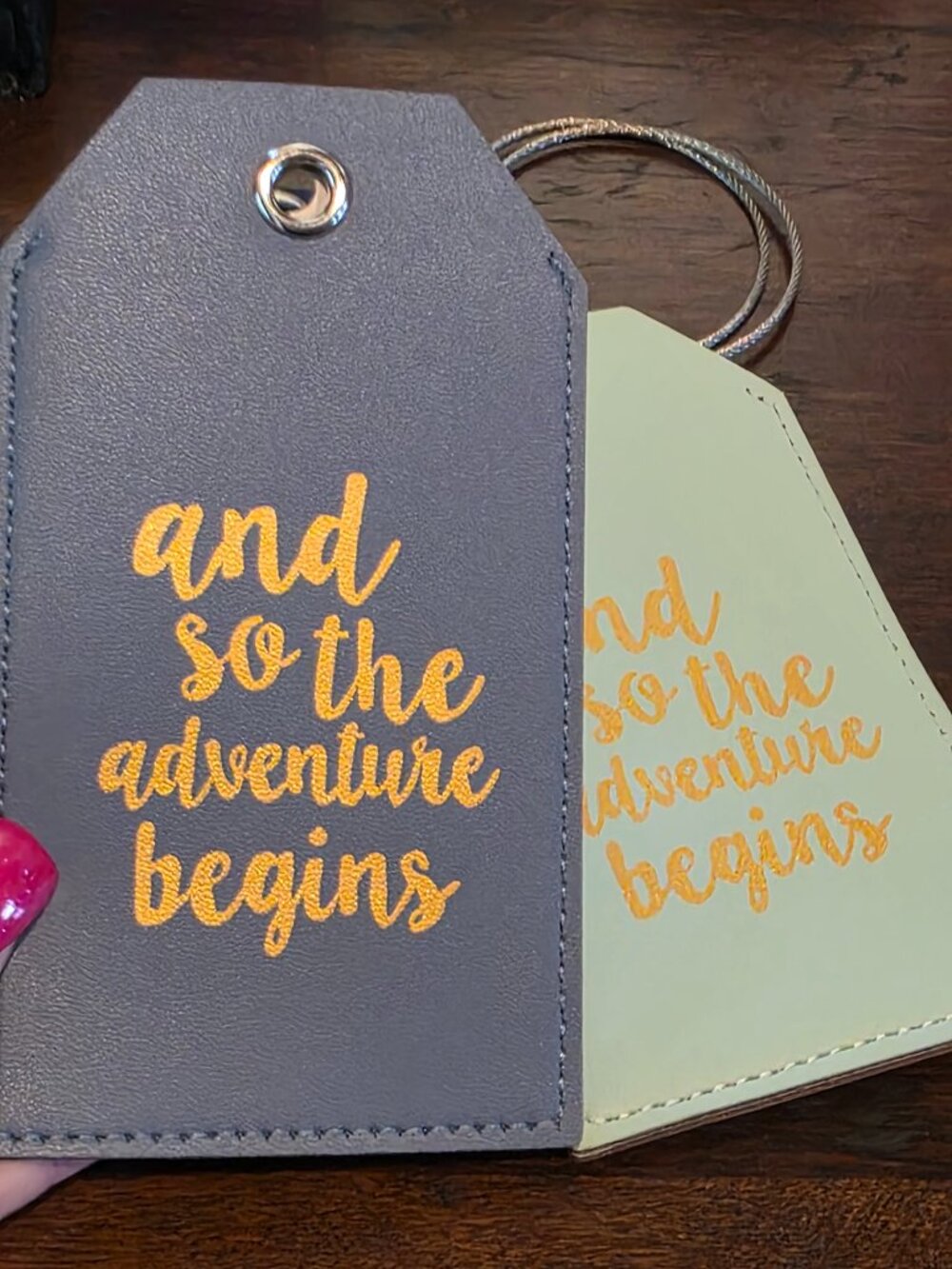 NEW BLUE PU Leather AND SO THE ADVENTURE BEGINS Privacy Luggage Tags x 2